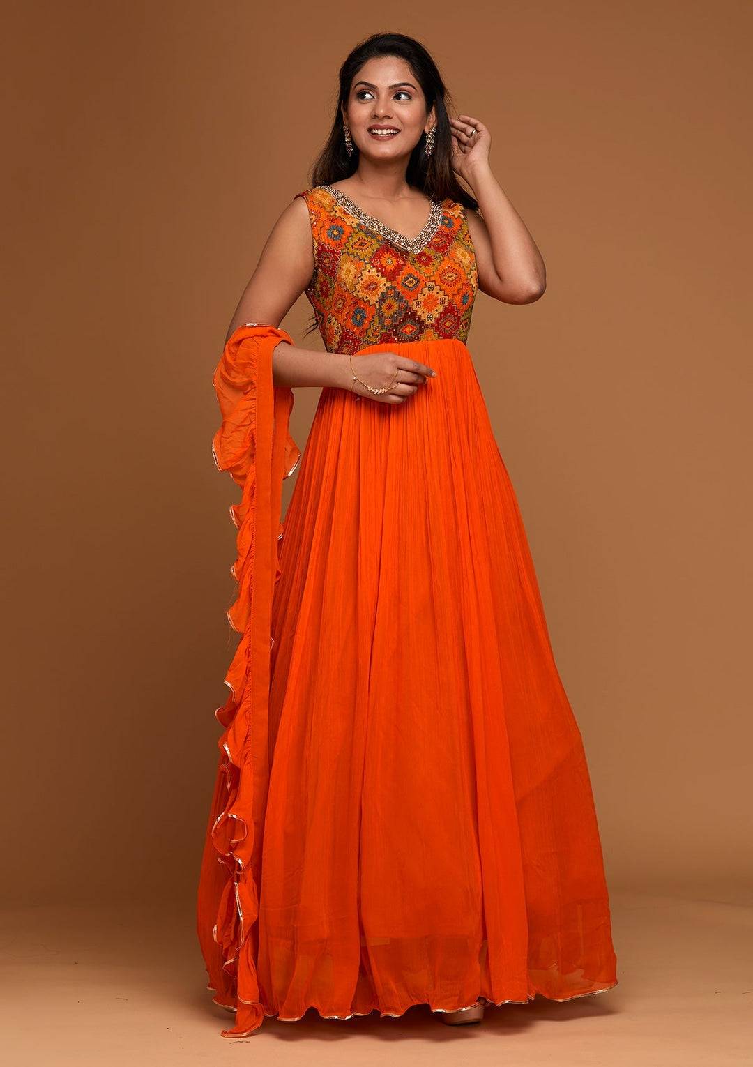 Orange Pearlwork Georgette Designer Salwar Suit - Koskii