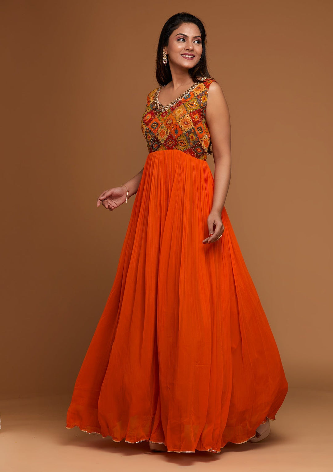 Orange Pearlwork Georgette Designer Salwar Suit - Koskii