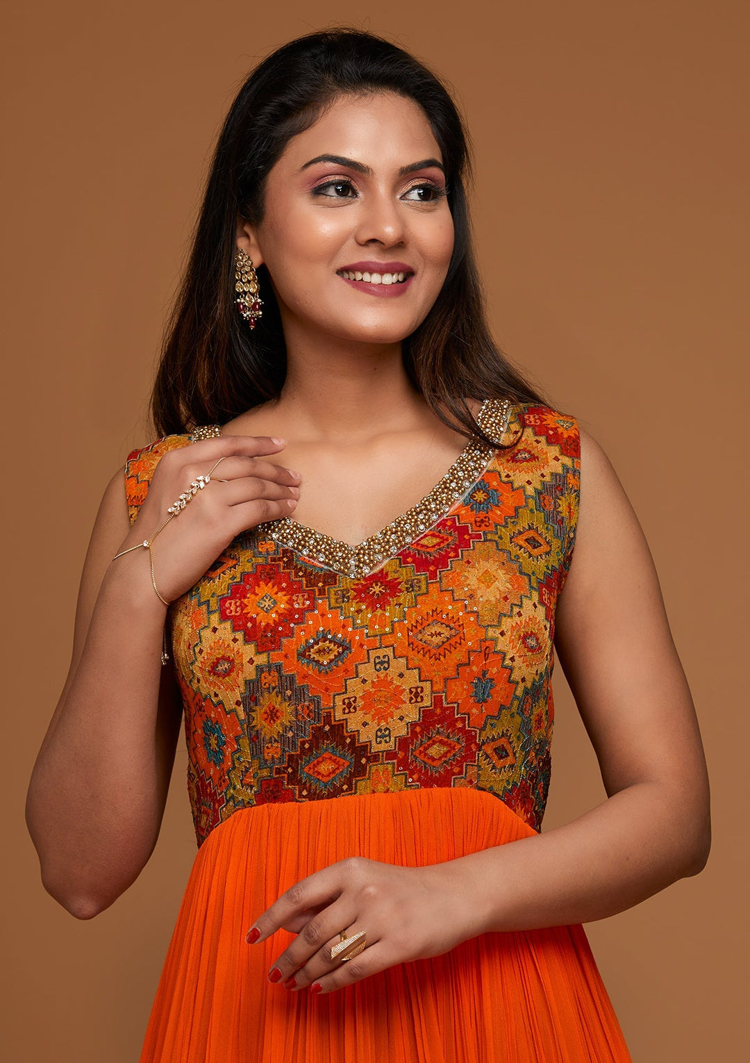 Orange Pearlwork Georgette Designer Salwar Suit - Koskii