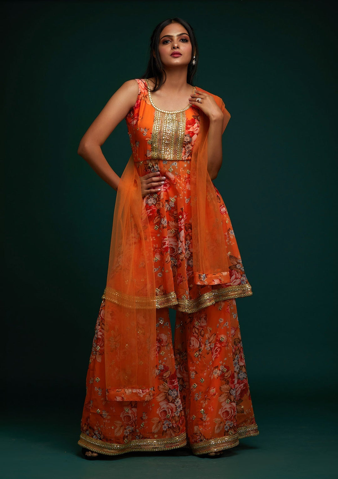 Orange Print Georgette Designer Salwar Suit - Koskii
