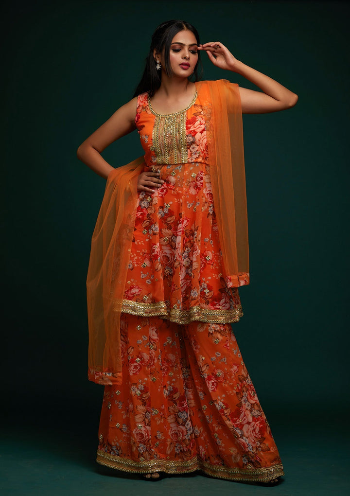Buy Orange Print Georgette Designer Salwar Kameez - Koskii