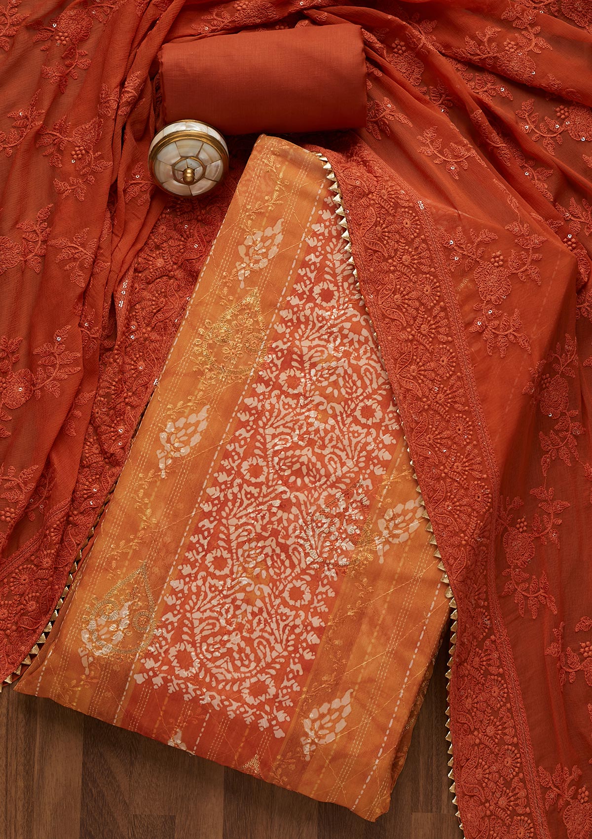 Orange Printed Chanderi Unstitched Salwar Suit-Koskii