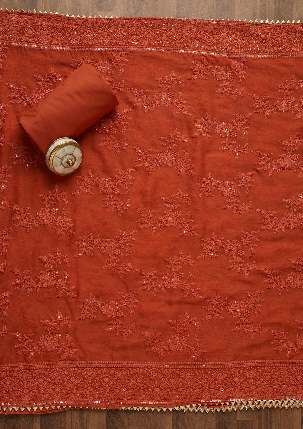 Orange Printed Chanderi Unstitched Salwar Suit-Koskii