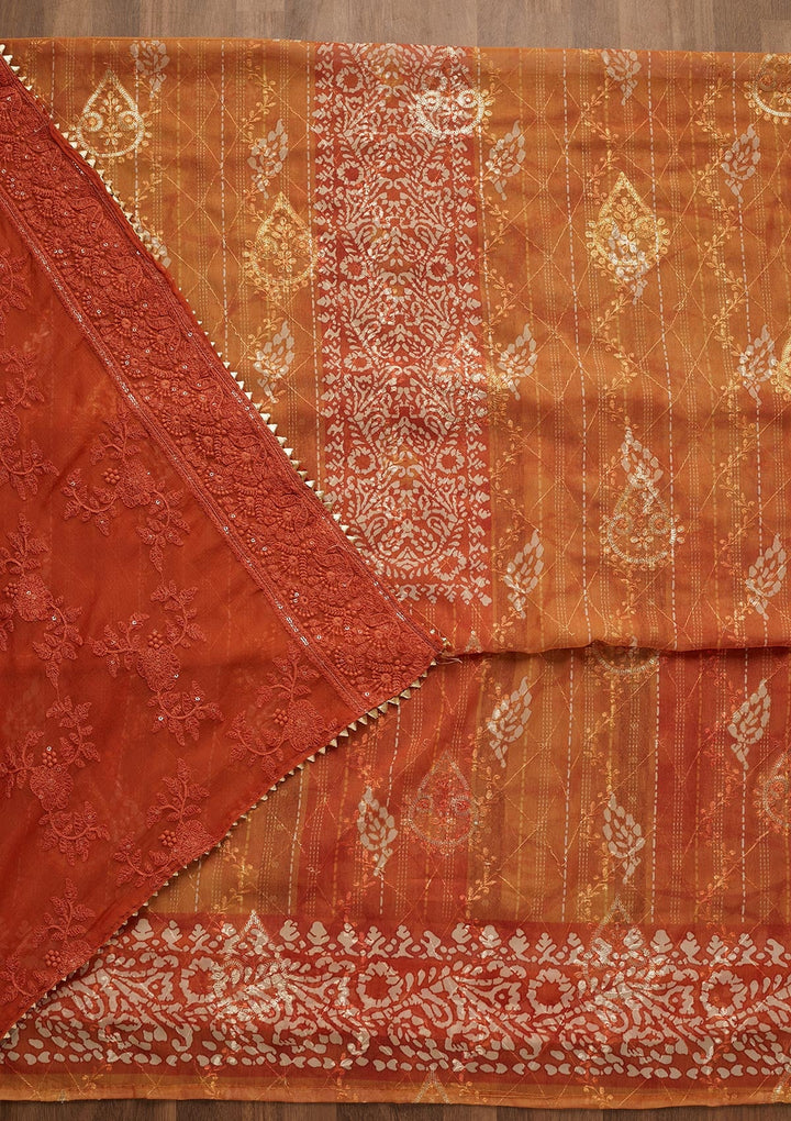 Orange Printed Chanderi Unstitched Salwar Suit-Koskii