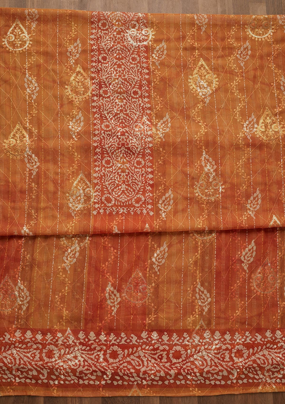 Orange Printed Chanderi Unstitched Salwar Suit-Koskii