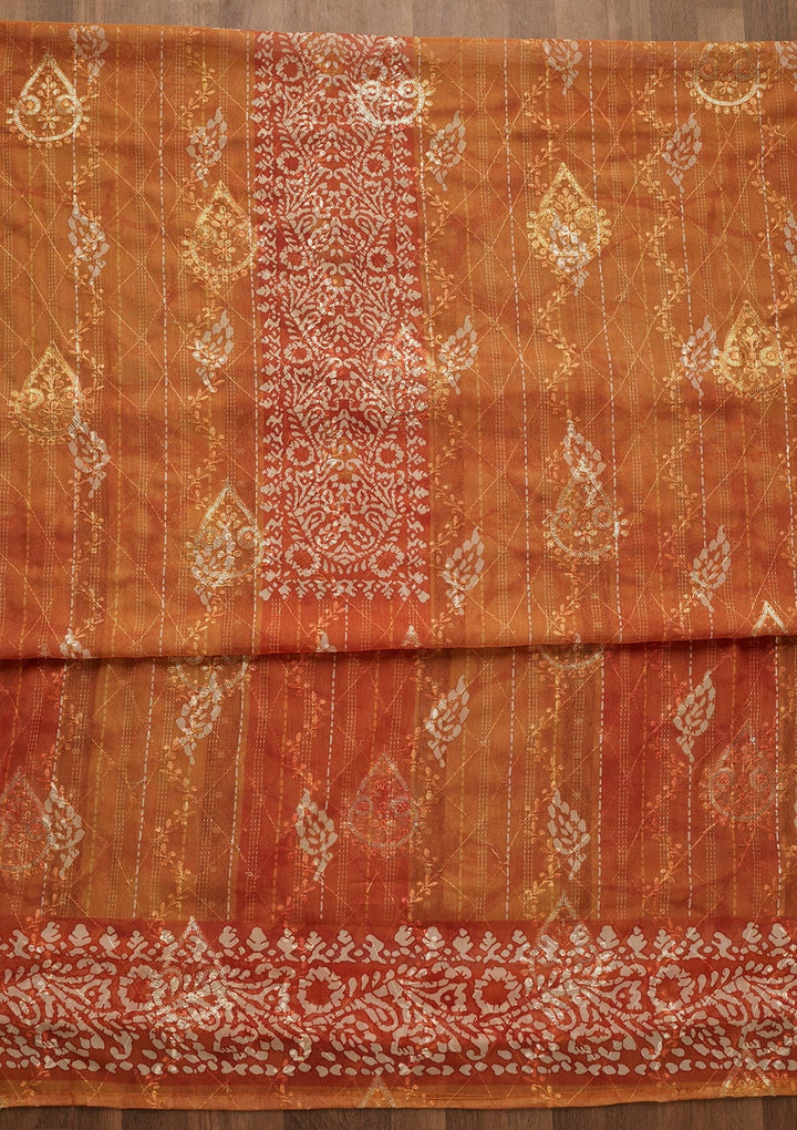 Orange Printed Chanderi Unstitched Salwar Suit-Koskii