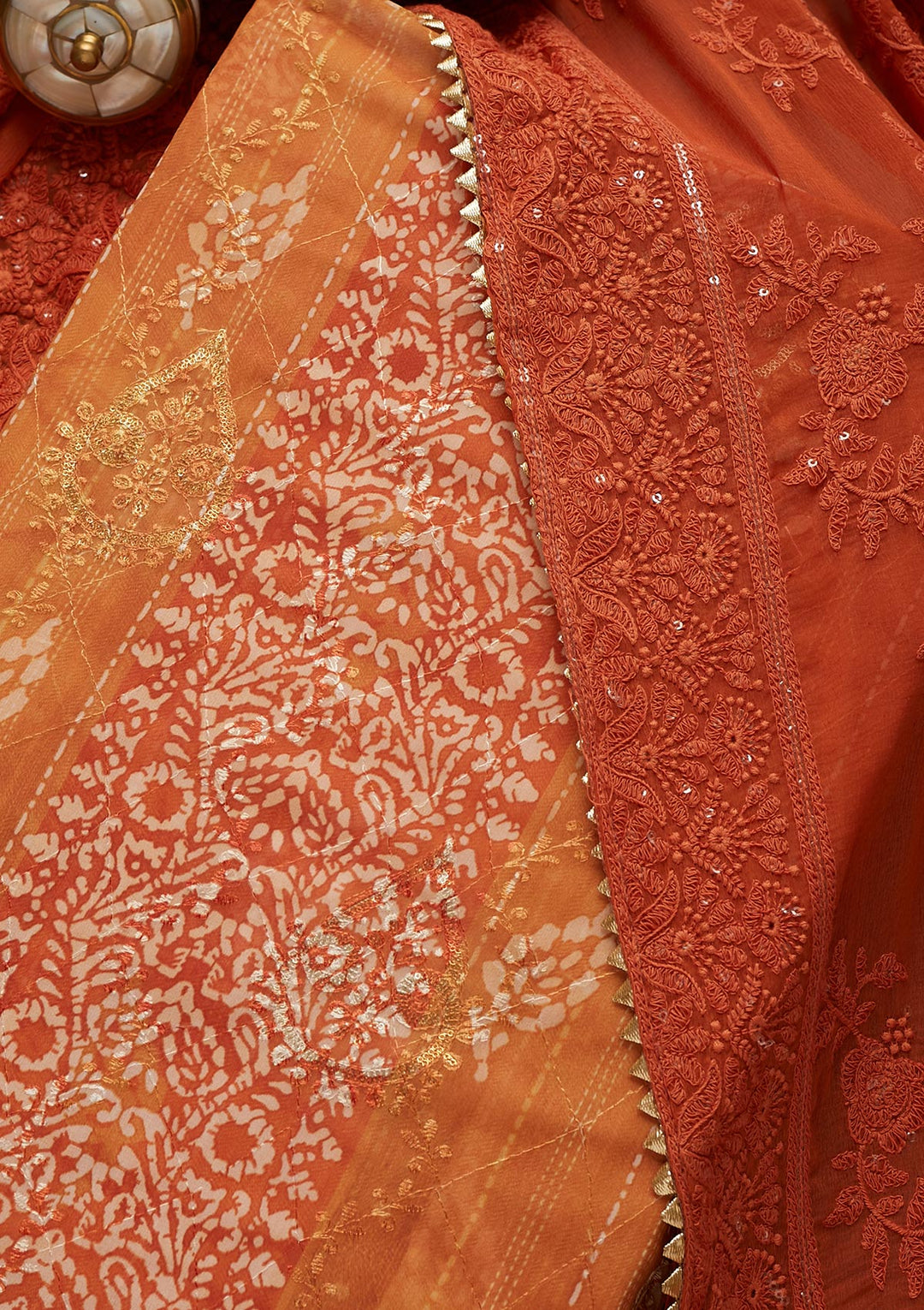 Orange Printed Chanderi Unstitched Salwar Suit-Koskii