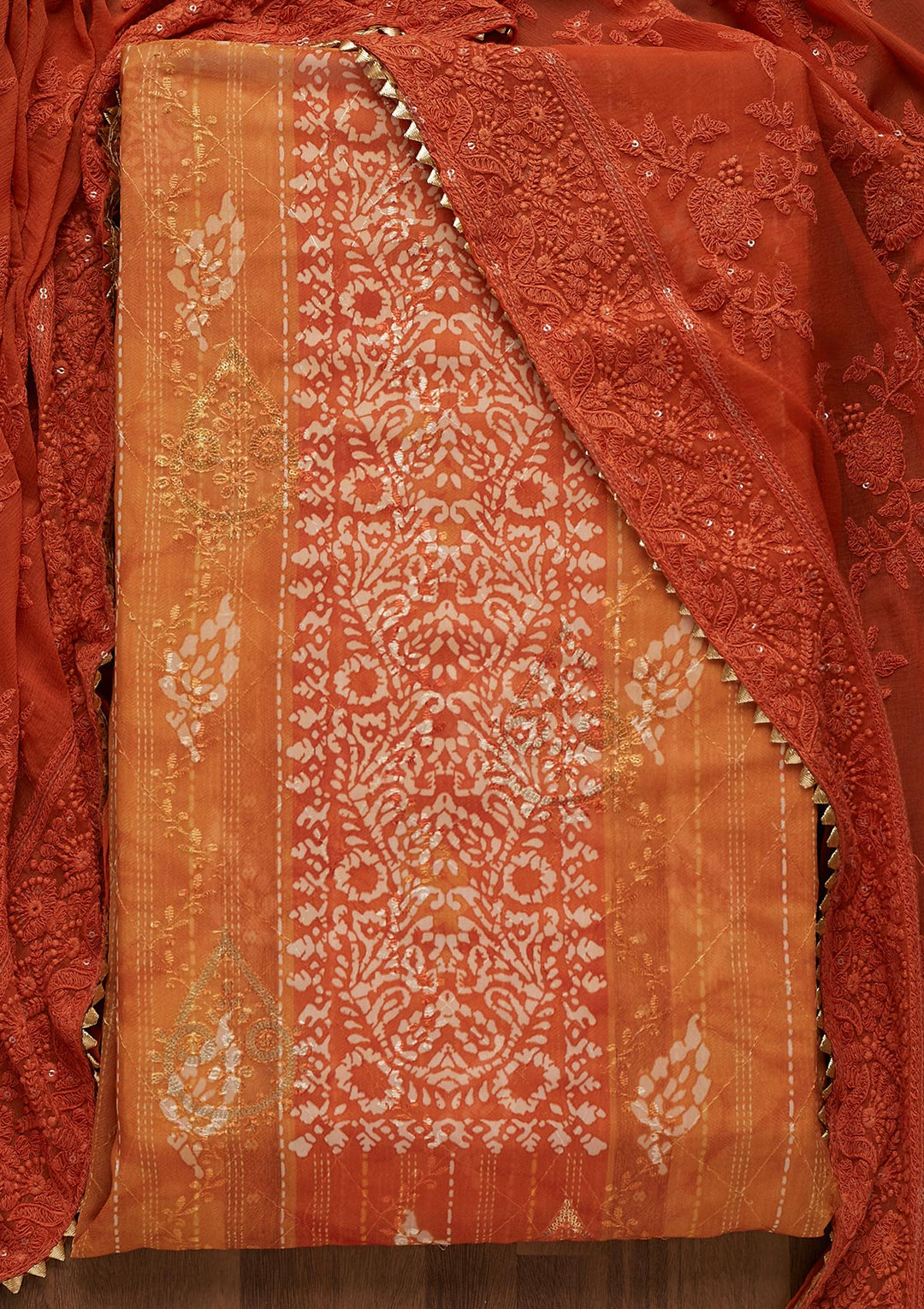 Orange Printed Chanderi Unstitched Salwar Suit-Koskii