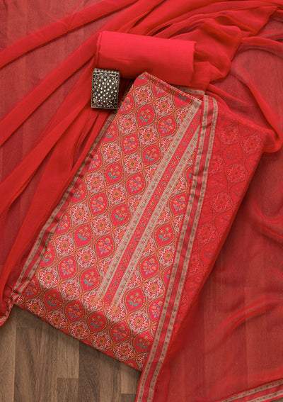 Orange Soft Silk Printed Unstitched Salwar Suit-koskii