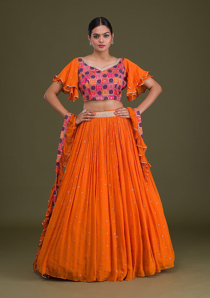Orange Sequins Georgette Readymade Lehenga-Koskii