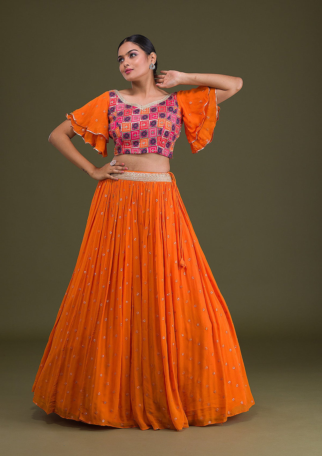 Orange Sequins Georgette Readymade Lehenga-Koskii