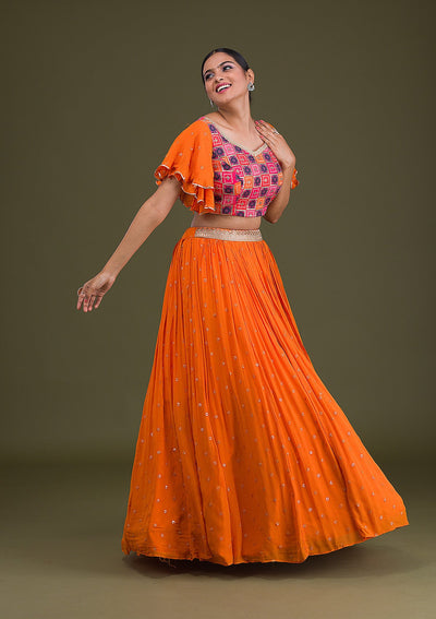Orange Sequins Georgette Readymade Lehenga-Koskii