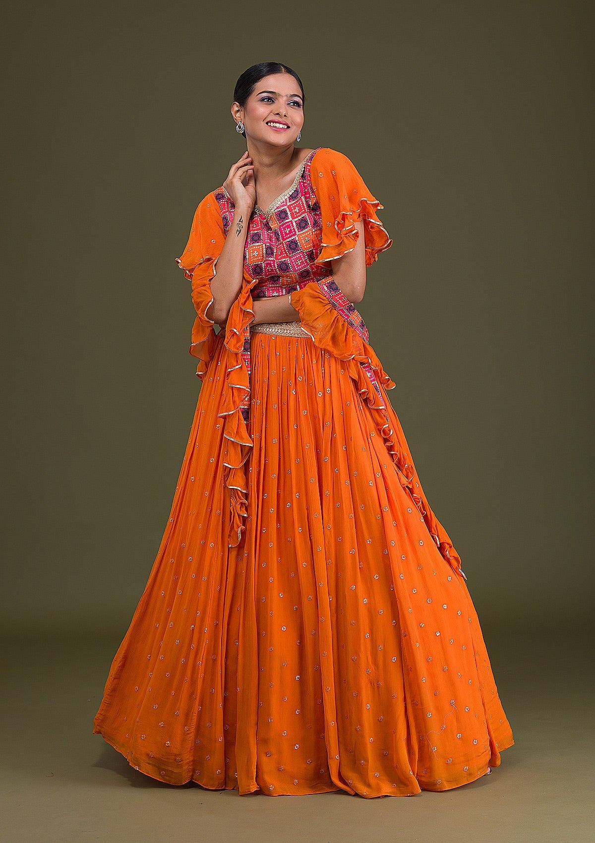 Orange Sequins Georgette Readymade Lehenga-Koskii