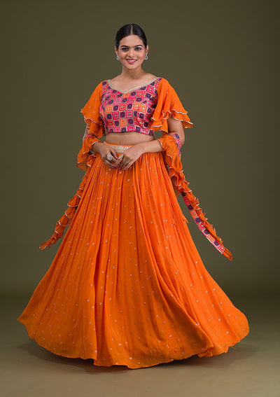 Orange Sequins Georgette Readymade Lehenga-Koskii