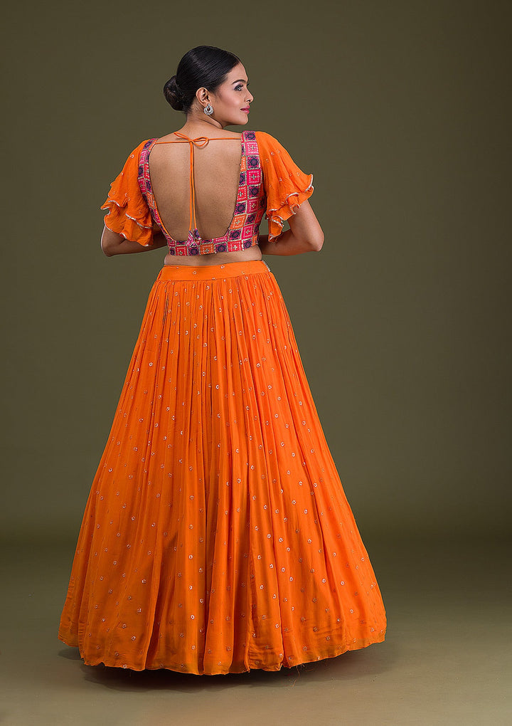 Orange Sequins Georgette Readymade Lehenga-Koskii