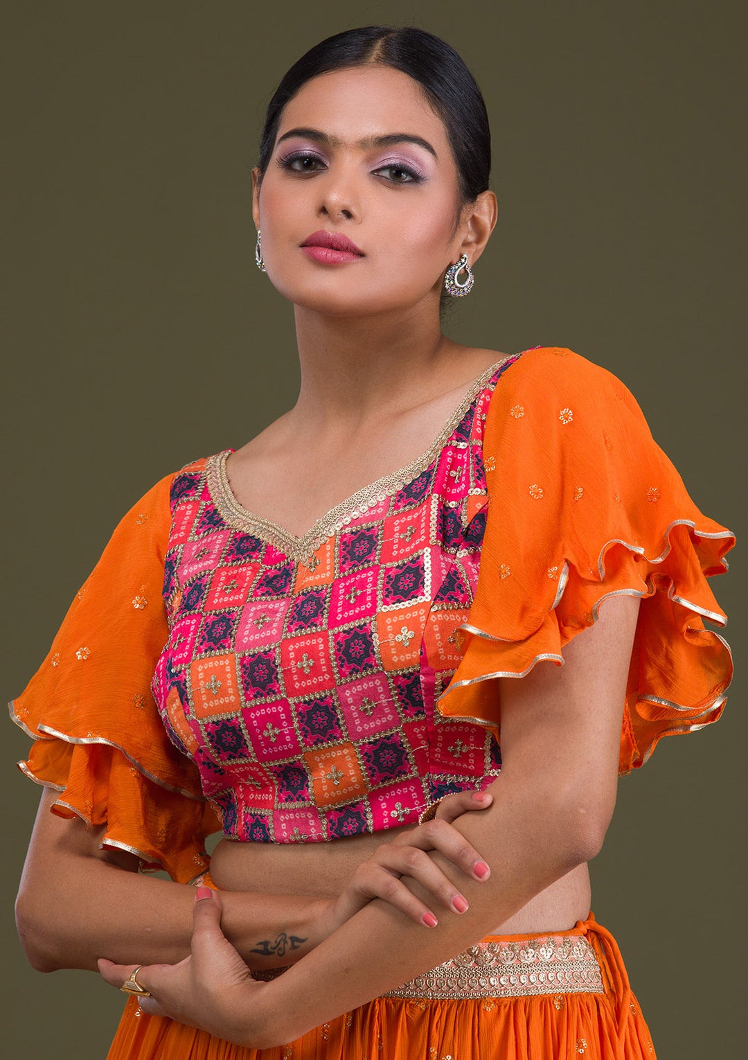 Orange Sequins Georgette Readymade Lehenga-Koskii