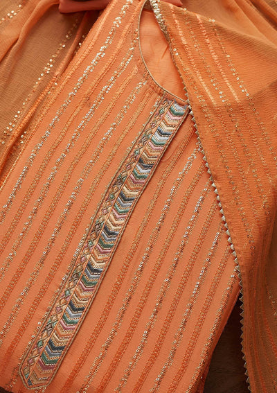Orange Sequins Georgette Designer Unstitched Salwar Suit - Koskii