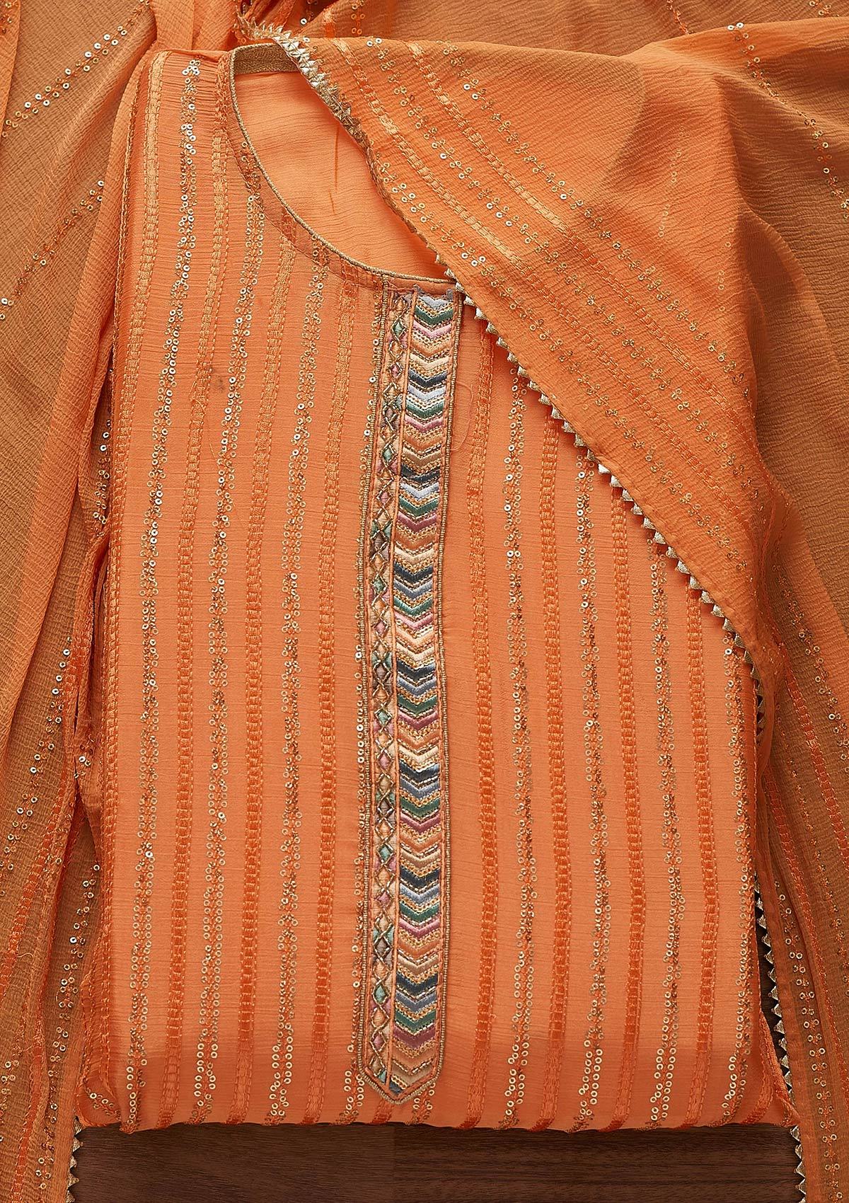 Orange Sequins Georgette Designer Unstitched Salwar Suit - Koskii
