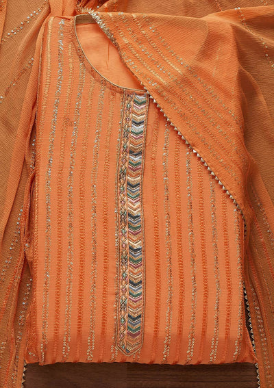 Orange Sequins Georgette Designer Unstitched Salwar Suit - Koskii