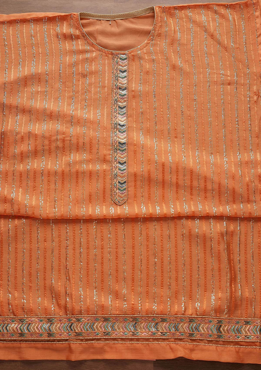 Orange Sequins Georgette Designer Unstitched Salwar Suit - Koskii