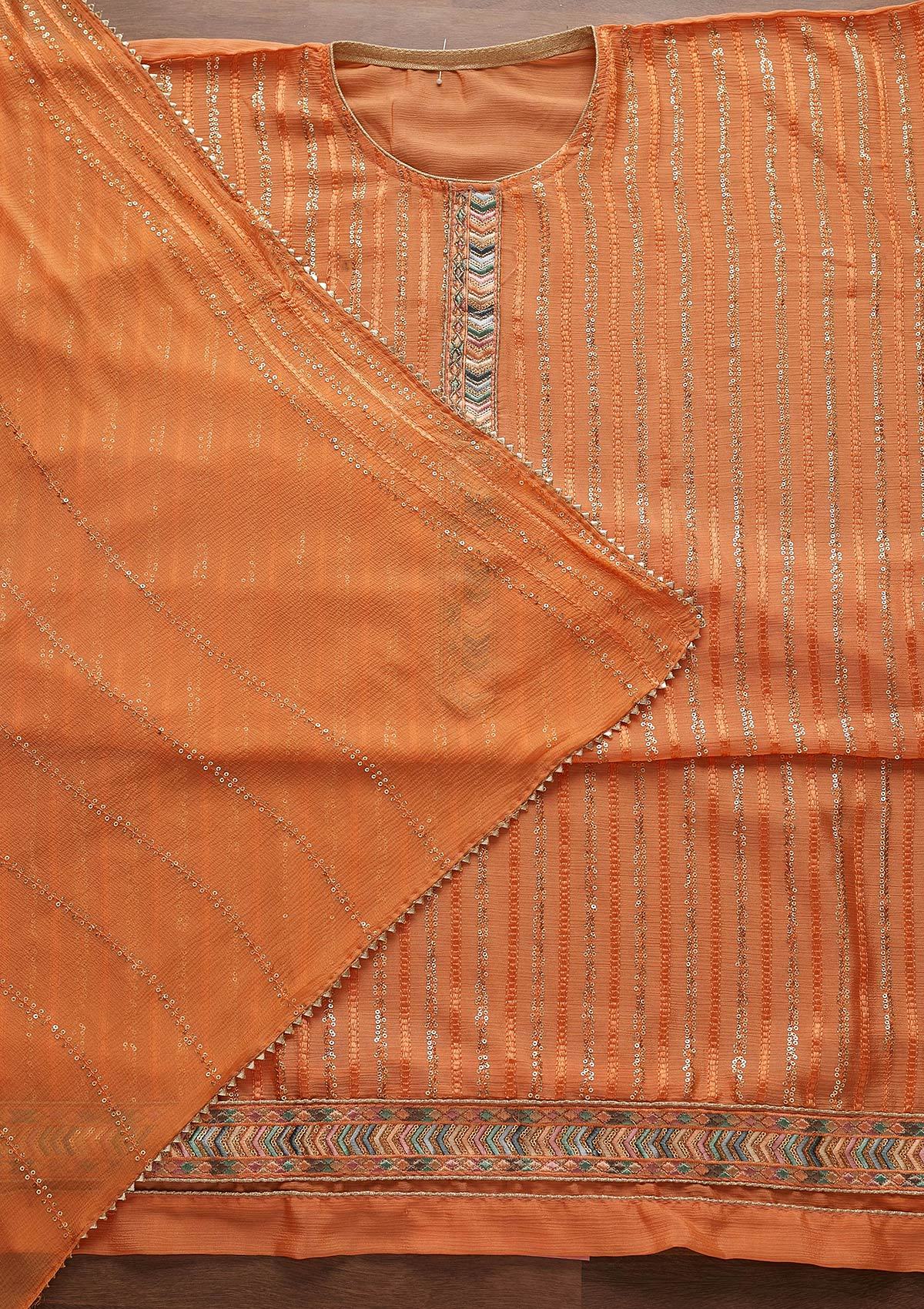 Orange Sequins Georgette Designer Unstitched Salwar Suit - Koskii