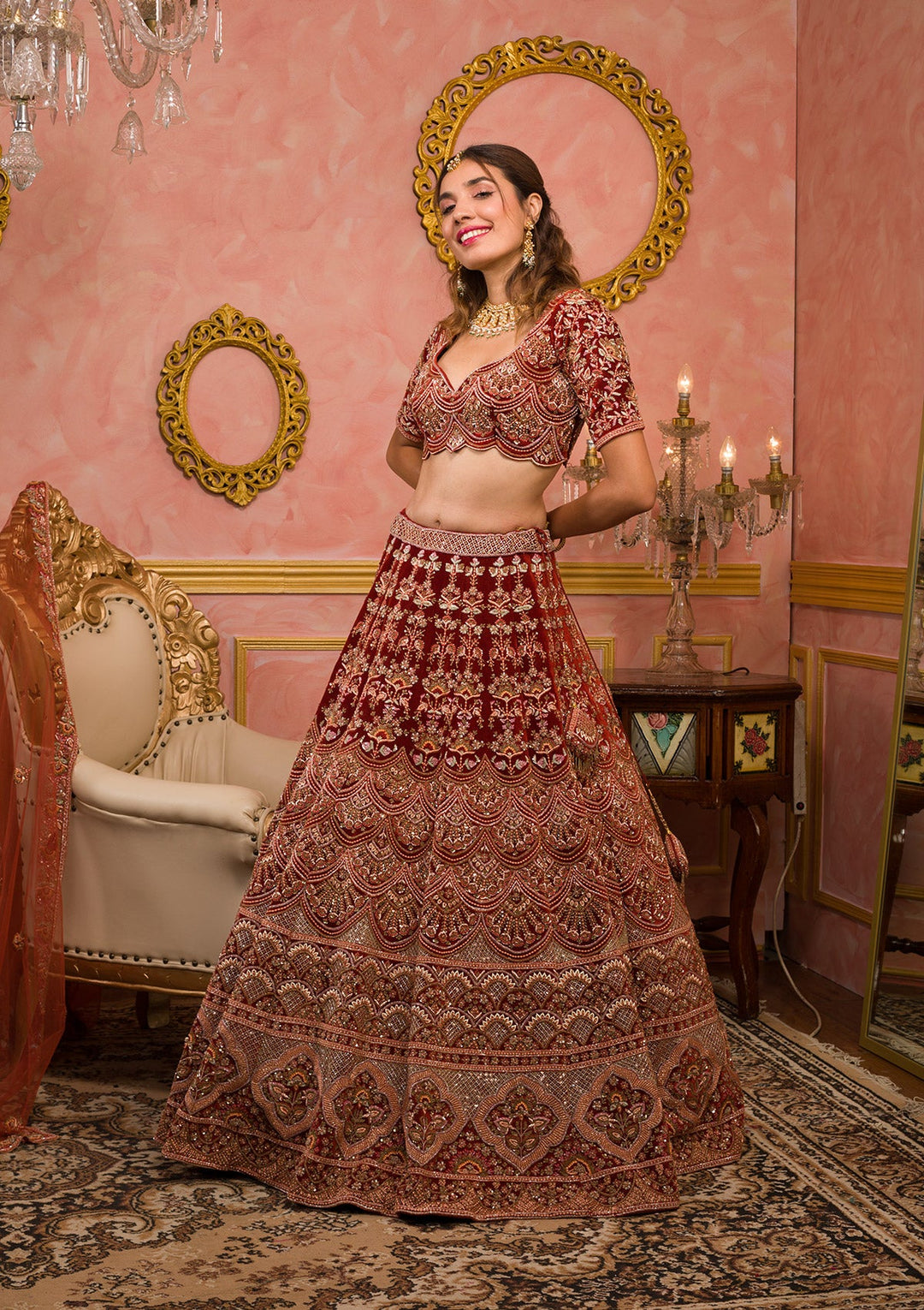 Orange Sequins Velvet Readymade Lehenga-Koskii