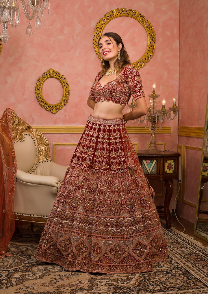Orange Sequins Velvet Readymade Lehenga-Koskii