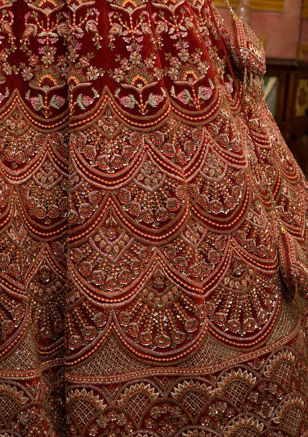 Orange Sequins Velvet Readymade Lehenga-Koskii