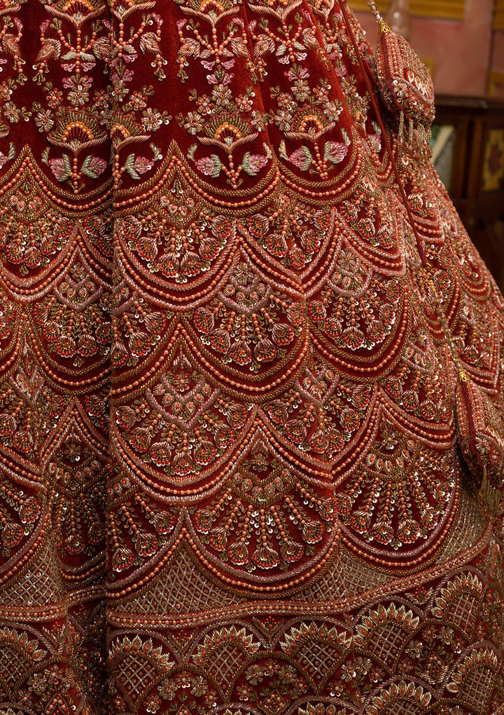 Orange Sequins Velvet Readymade Lehenga-Koskii