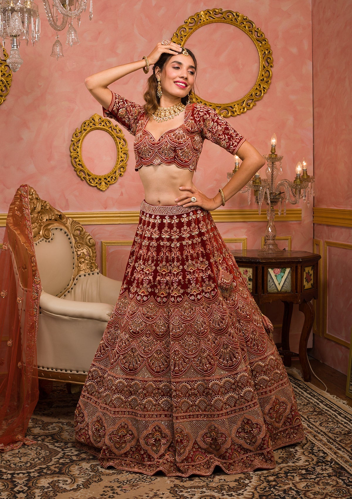 Orange Sequins Velvet Readymade Lehenga-Koskii