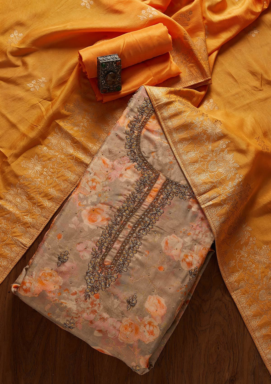 Orange Stonework Chanderi Designer Unstitched Salwar Suit - koskii
