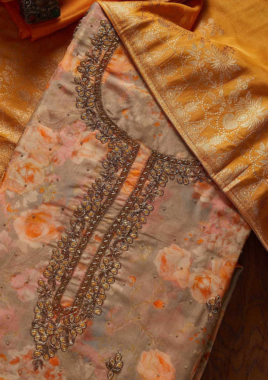 Orange Stonework Chanderi Designer Unstitched Salwar Suit - koskii