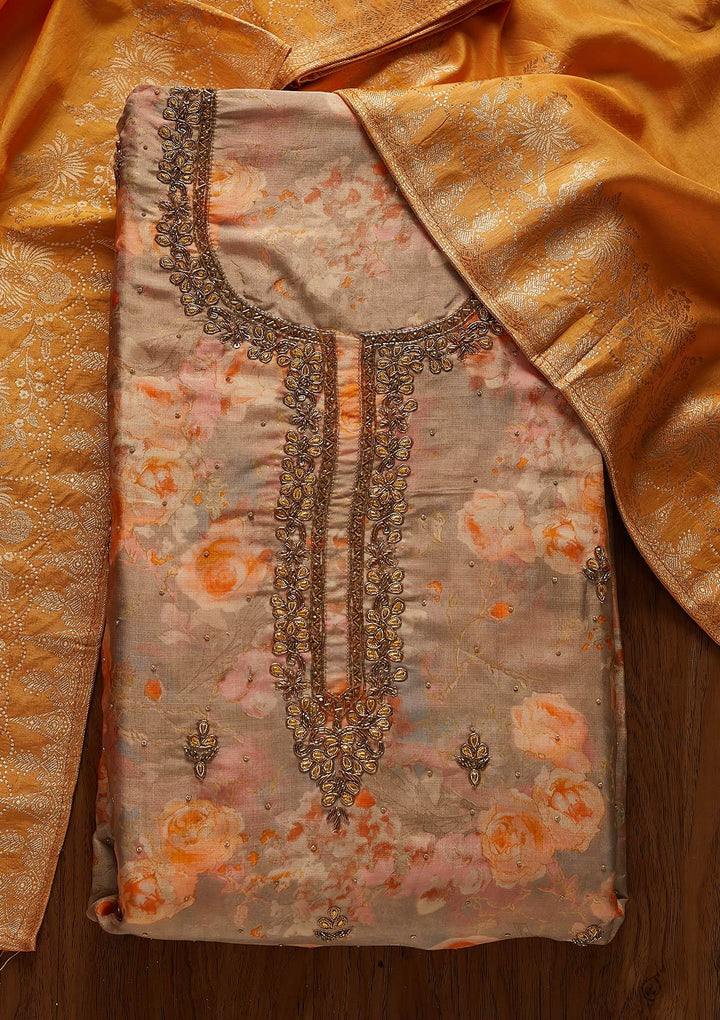 Orange Stonework Chanderi Designer Unstitched Salwar Suit - koskii