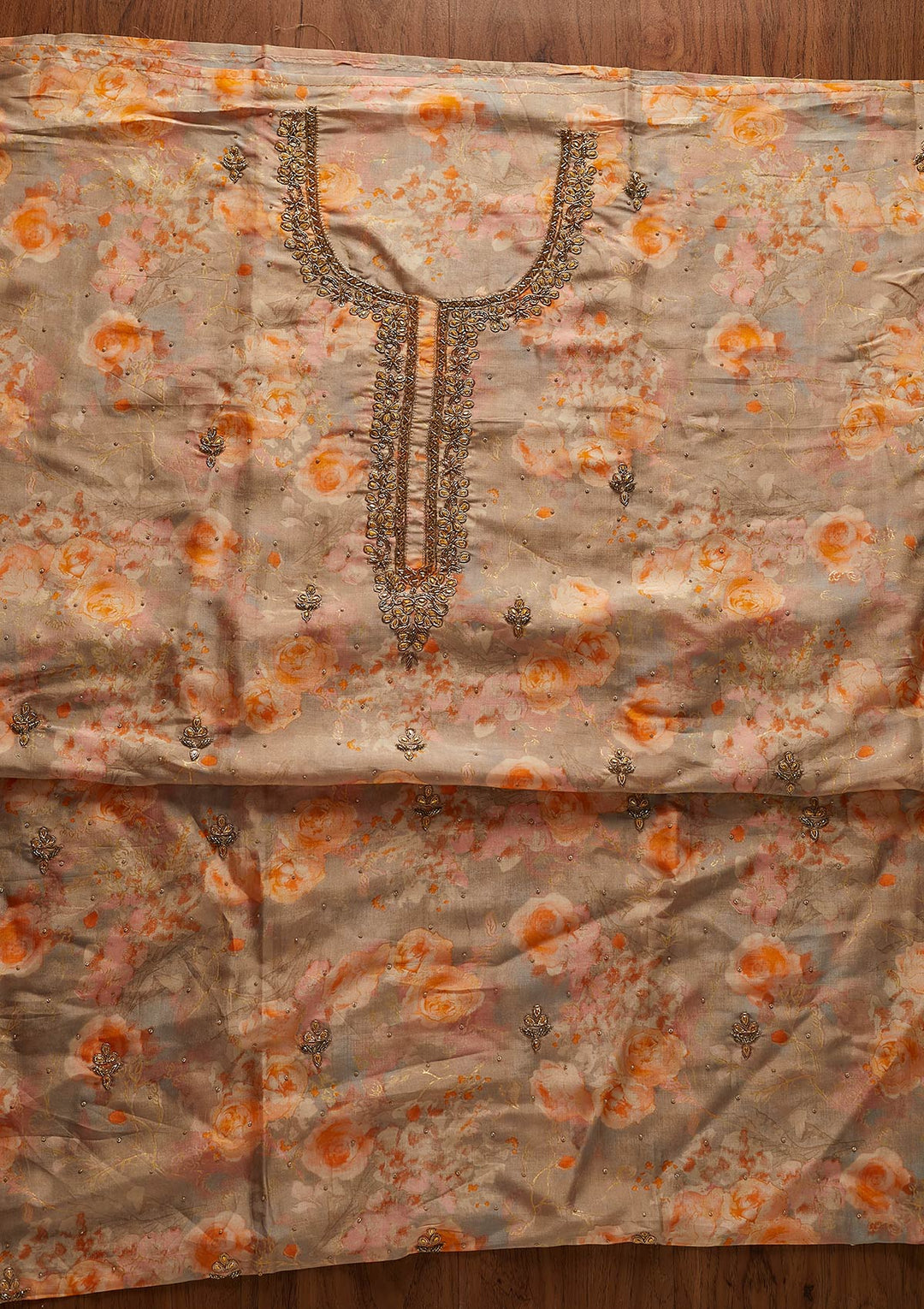 Orange Stonework Chanderi Designer Unstitched Salwar Suit - koskii