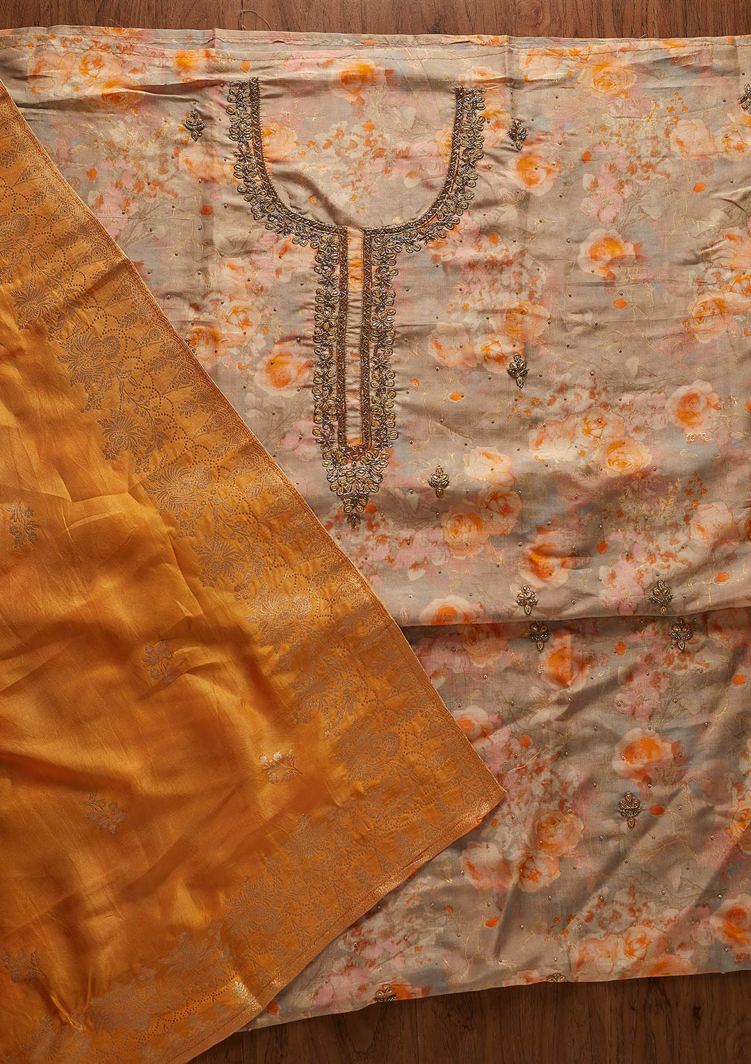 Orange Stonework Chanderi Designer Unstitched Salwar Suit - koskii
