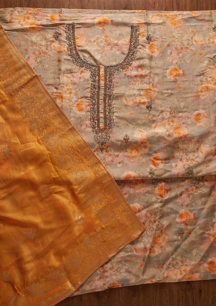 Orange Stonework Chanderi Designer Unstitched Salwar Suit - koskii