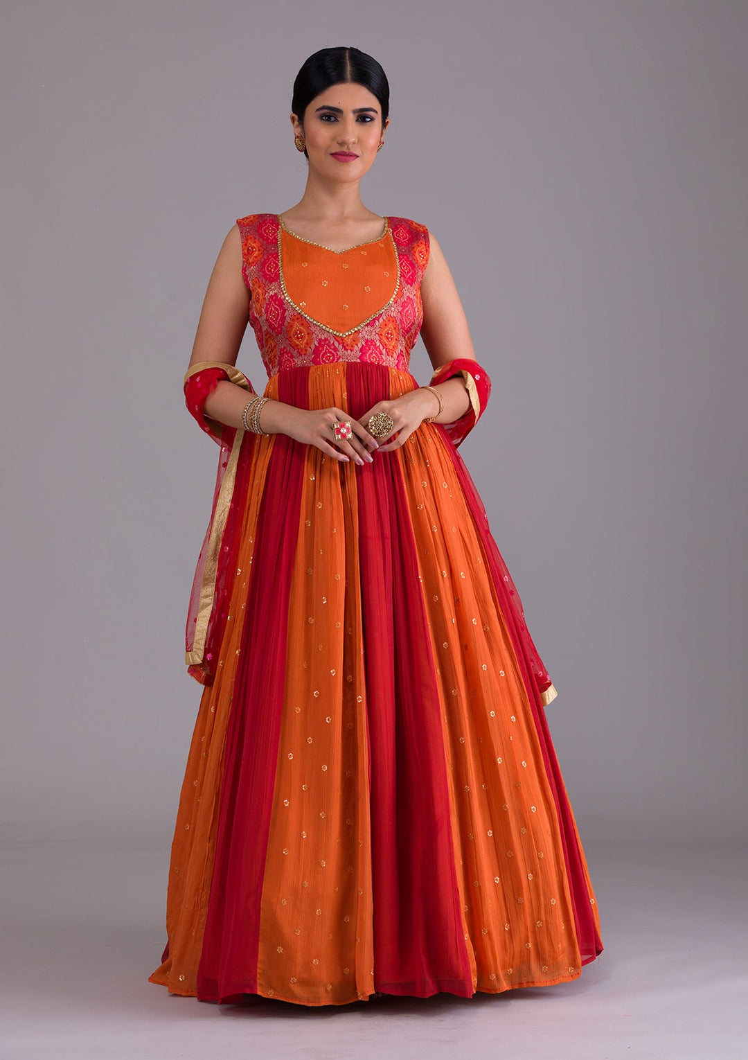 Orange Stonework Georgette Designer Gown-Koskii