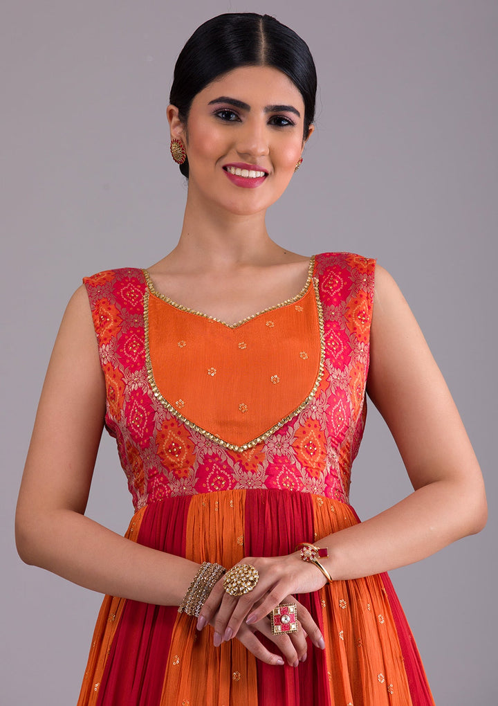 Orange Stonework Georgette Designer Gown-Koskii