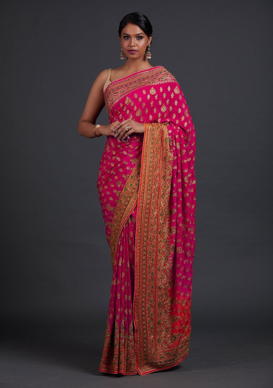 Rani Pink Stonework Semi Crepe Designer Saree - Koskii