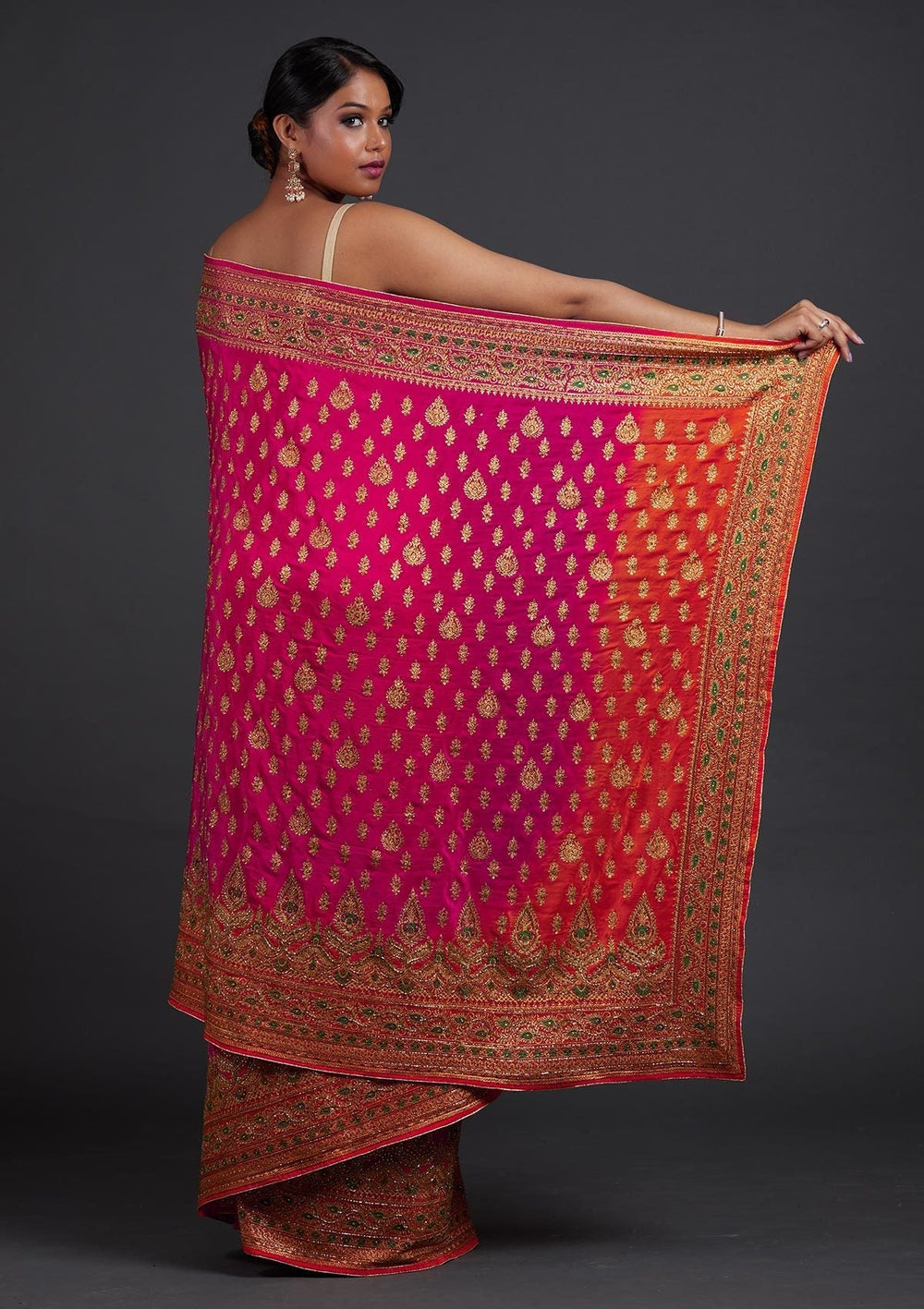 Rani Pink Stonework Semi Crepe Designer Saree - Koskii