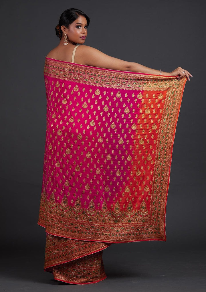 Rani Pink Stonework Semi Crepe Designer Saree - Koskii