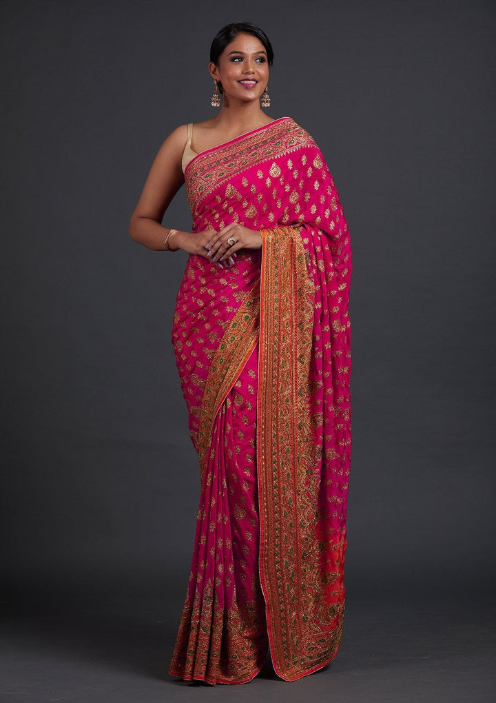 Rani Pink Stonework Semi Crepe Designer Saree - Koskii