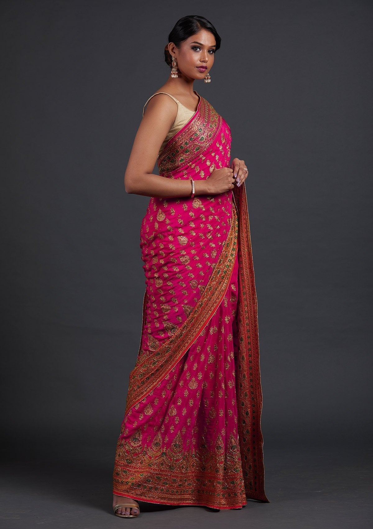 Rani Pink Stonework Semi Crepe Designer Saree - Koskii