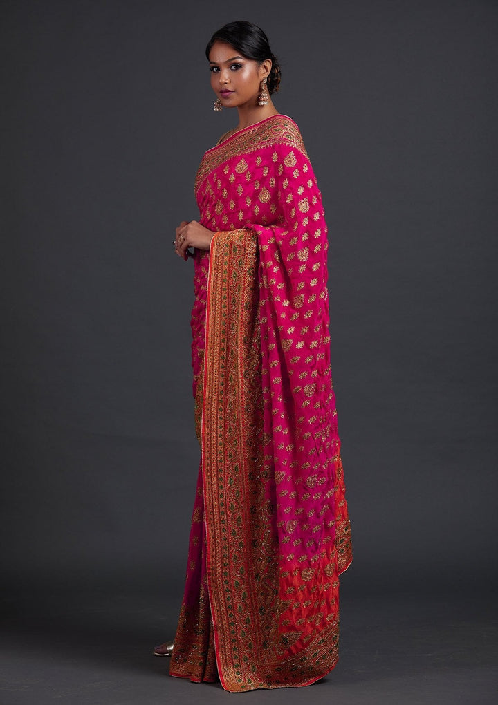 Rani Pink Stonework Semi Crepe Designer Saree - Koskii
