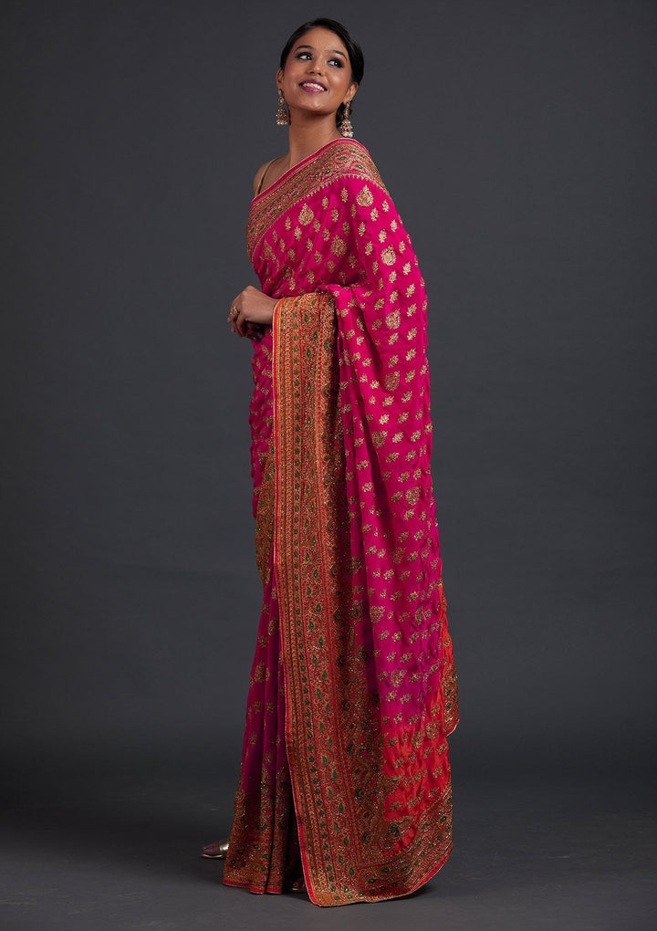 Rani Pink Stonework Semi Crepe Designer Saree - Koskii