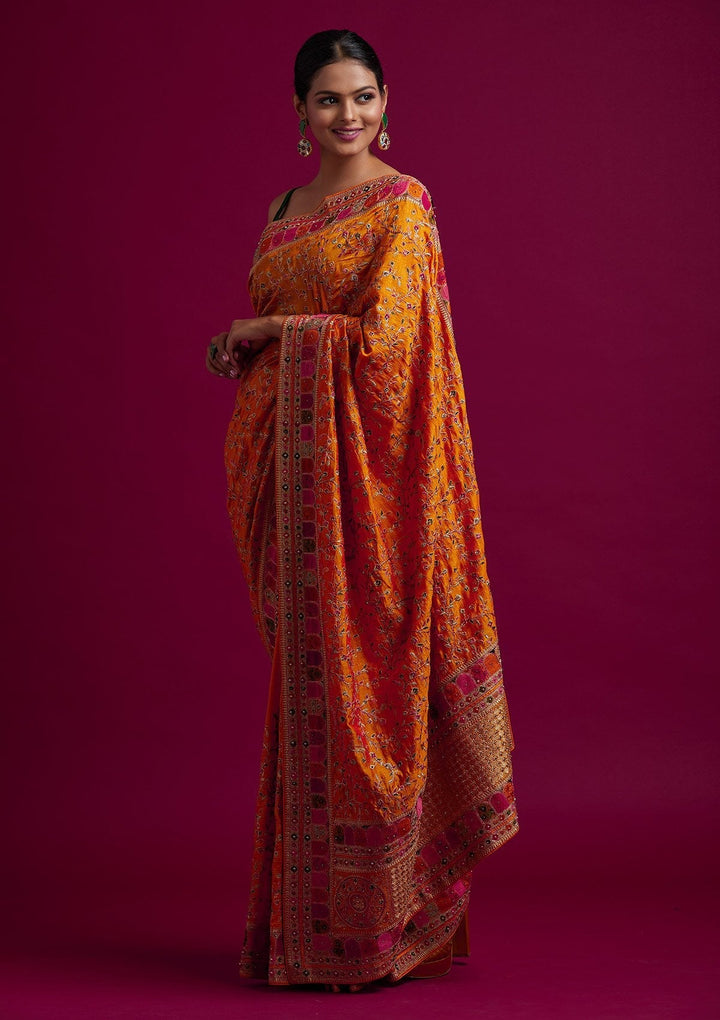Orange Zariwork Art Silk Designer Saree - koskii