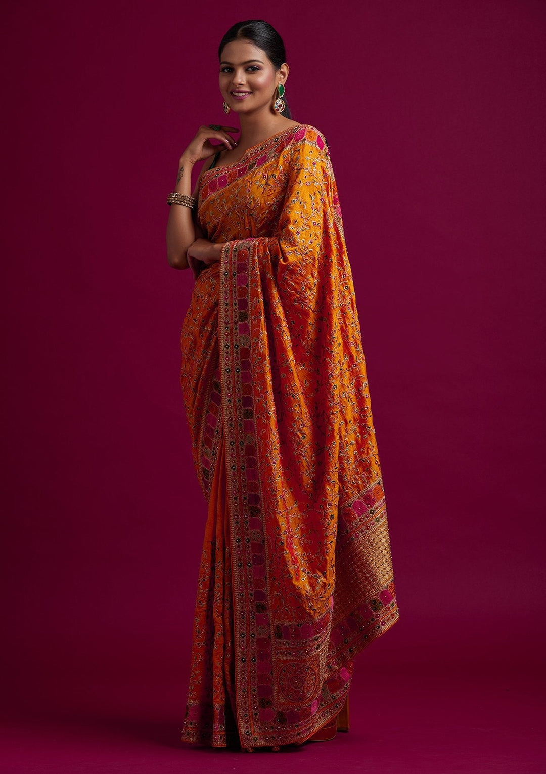 Orange Zariwork Art Silk Designer Saree - koskii