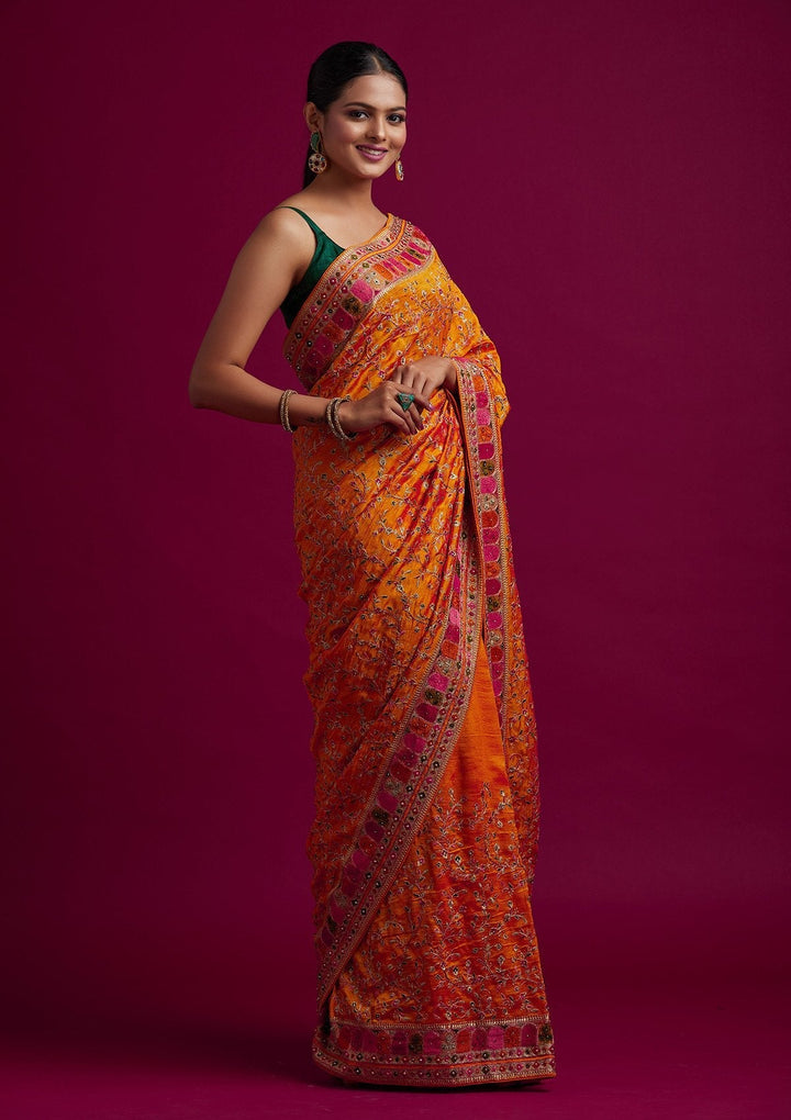 Orange Zariwork Art Silk Designer Saree - koskii