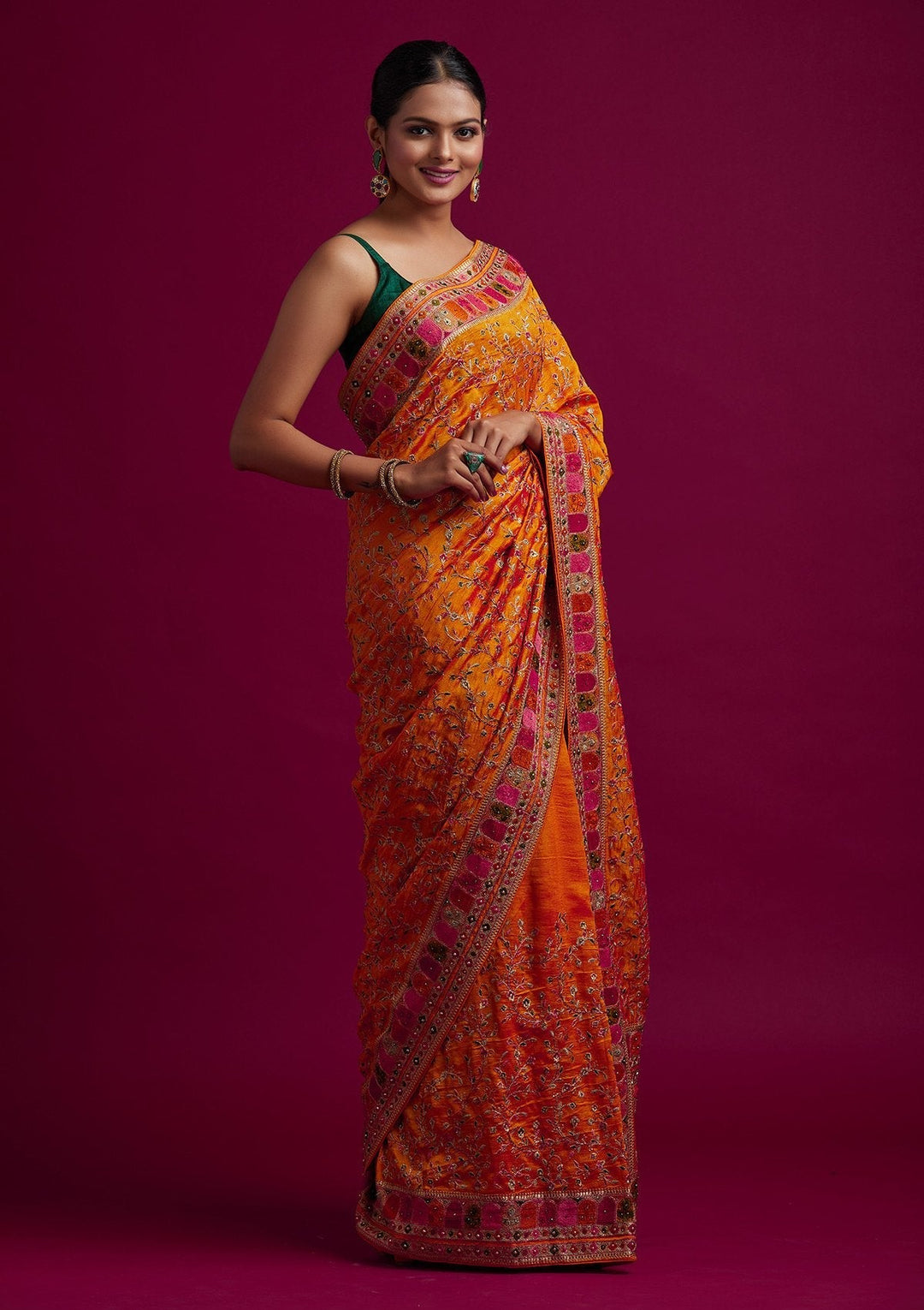 Orange Zariwork Art Silk Designer Saree - koskii