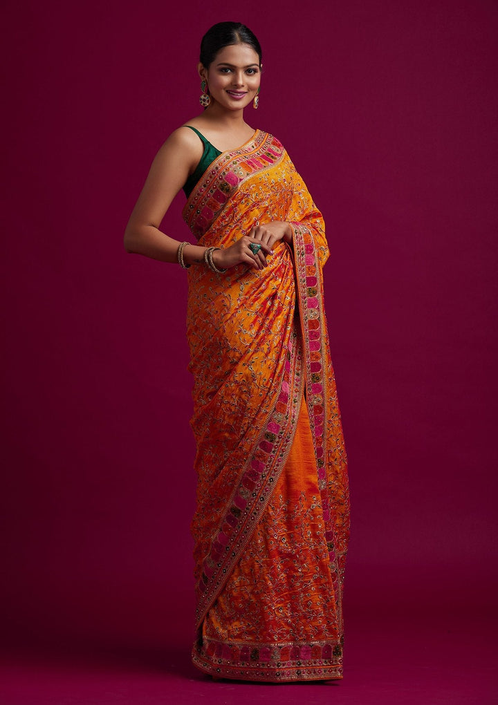 Orange Zariwork Art Silk Designer Saree - koskii
